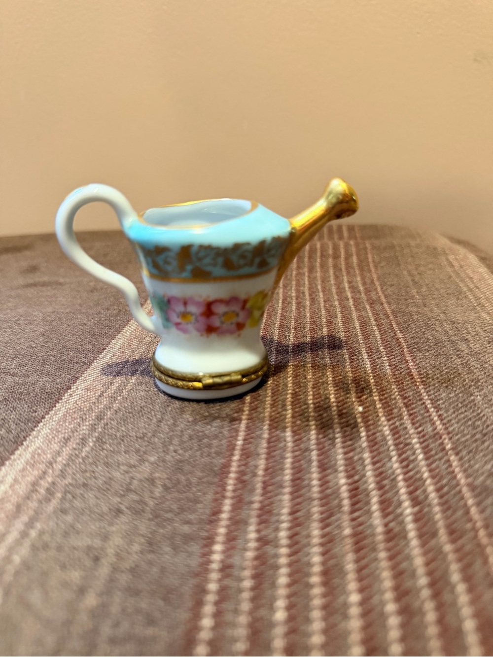 Authentic Limoges France Porcelain Watering Can Trinket Box-Floral &Gold Hinge